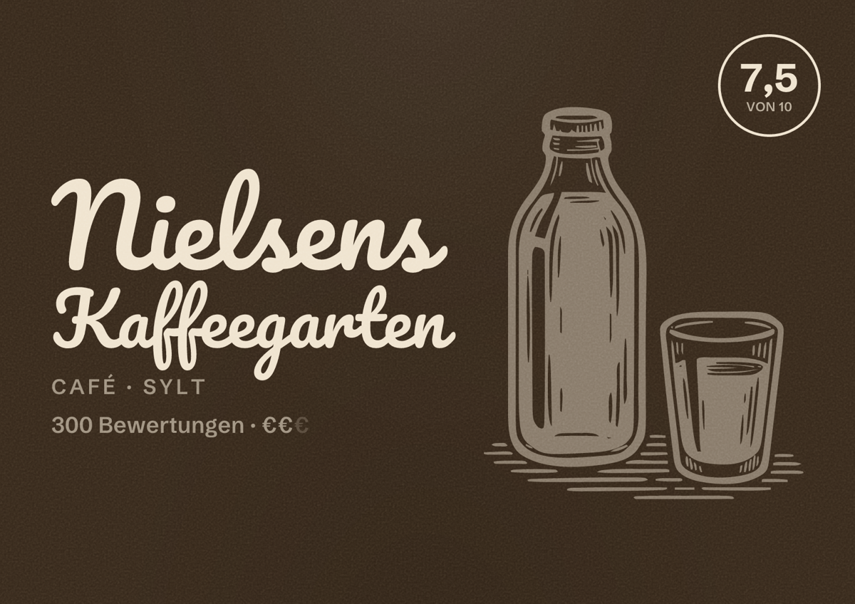 Illustriertes Poster von Nielsens Kaffeegarten, Café in Sylt: Bewertung 7,5 von 10 aus 300 Bewertungen, Preisniveau €€