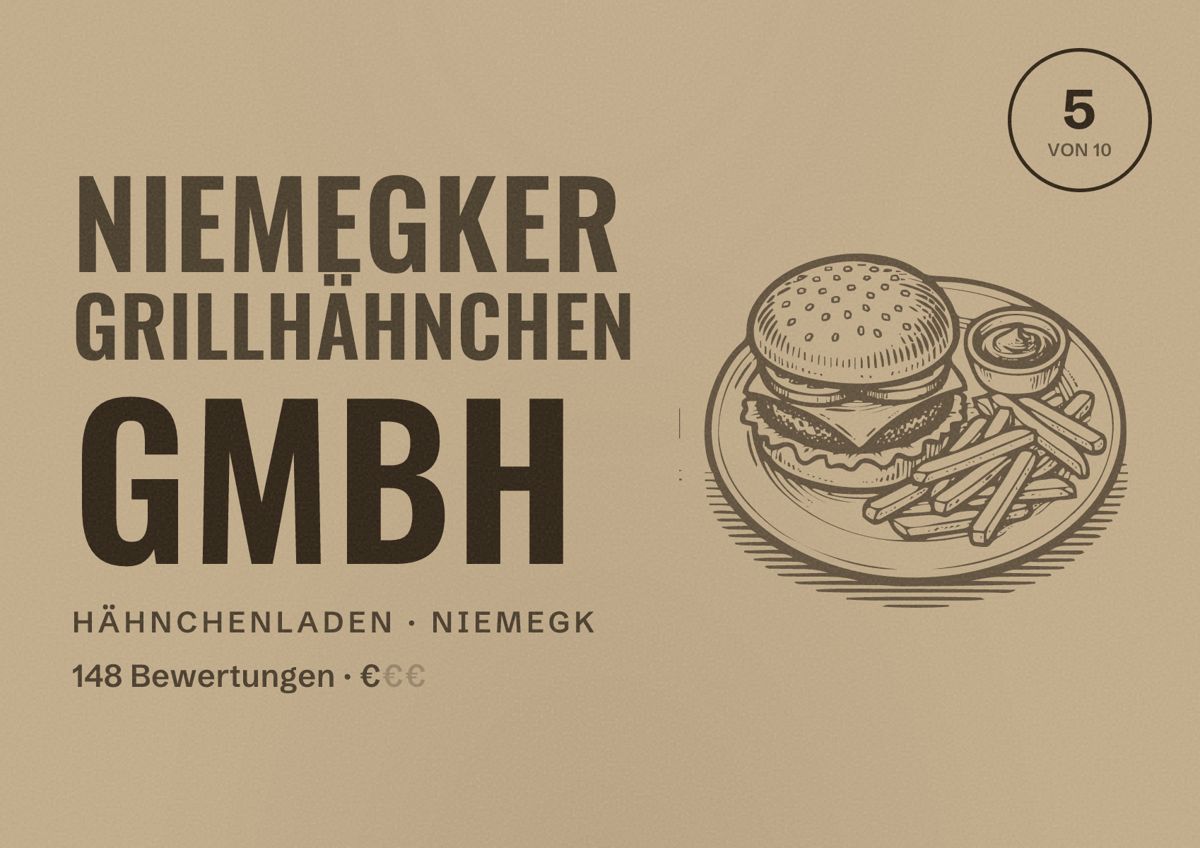 Illustriertes Poster von Niemegker Grillhähnchen GmbH, Hähnchenladen in Niemegk: Bewertung 5 von 10 aus 148 Bewertungen, Preisniveau €