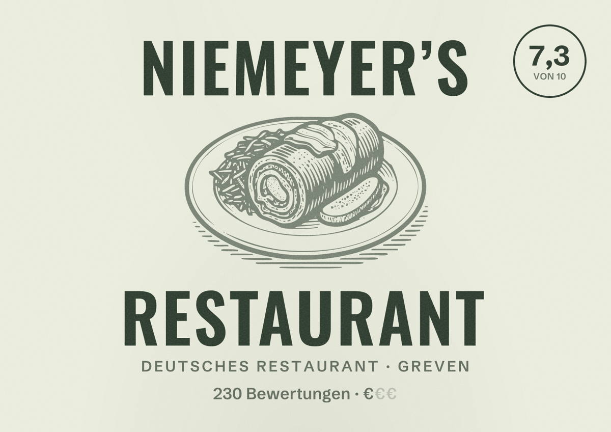 Illustriertes Poster von Niemeyer’s Restaurant, Deutsches Restaurant in Greven: Bewertung 7,3 von 10 aus 230 Bewertungen, Preisniveau €