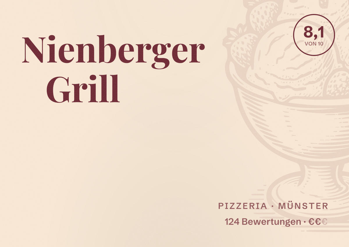 Illustriertes Poster von Nienberger Grill, Pizzeria in Münster: Bewertung 8,1 von 10 aus 124 Bewertungen, Preisniveau €€