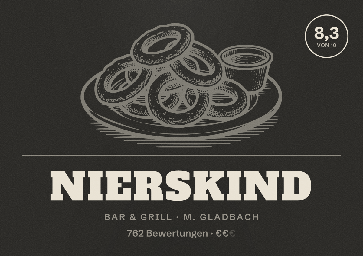 Illustriertes Poster von Nierskind, Bar & Grill in M. Gladbach: Bewertung 8,3 von 10 aus 762 Bewertungen, Preisniveau €€