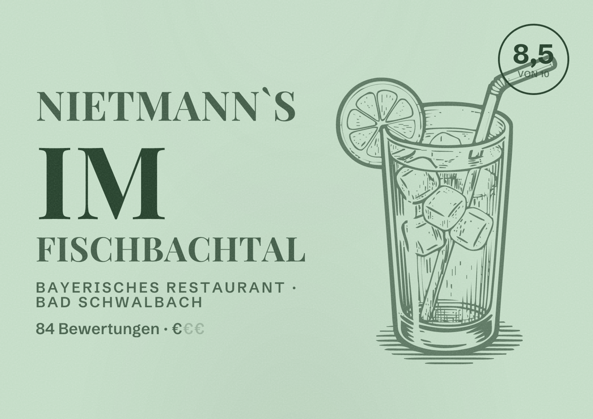 Illustriertes Poster von Nietmann`s im Fischbachtal, Bayerisches Restaurant in Bad Schwalbach: Bewertung 8,5 von 10 aus 84 Bewertungen, Preisniveau €