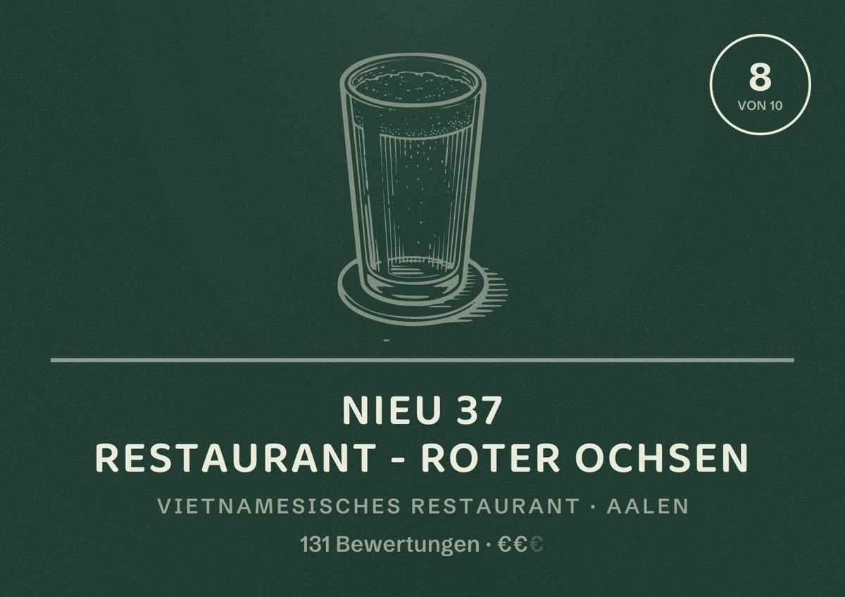 Illustriertes Poster von Nieu 37 Restaurant - Roter Ochsen, Vietnamesisches Restaurant in Aalen: Bewertung 8 von 10 aus 131 Bewertungen, Preisniveau €€