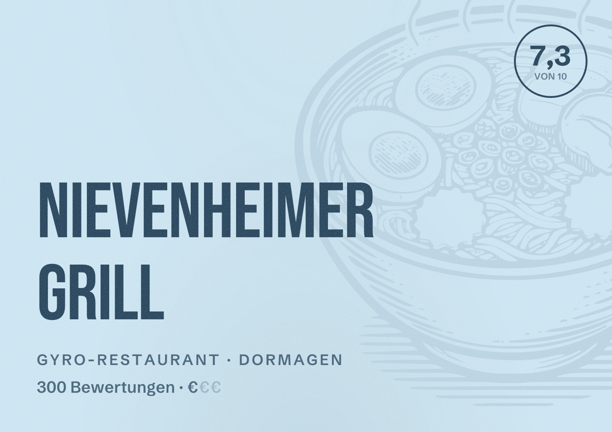 Illustriertes Poster von Nievenheimer Grill, Gyro-Restaurant in Dormagen: Bewertung 7,3 von 10 aus 300 Bewertungen, Preisniveau €