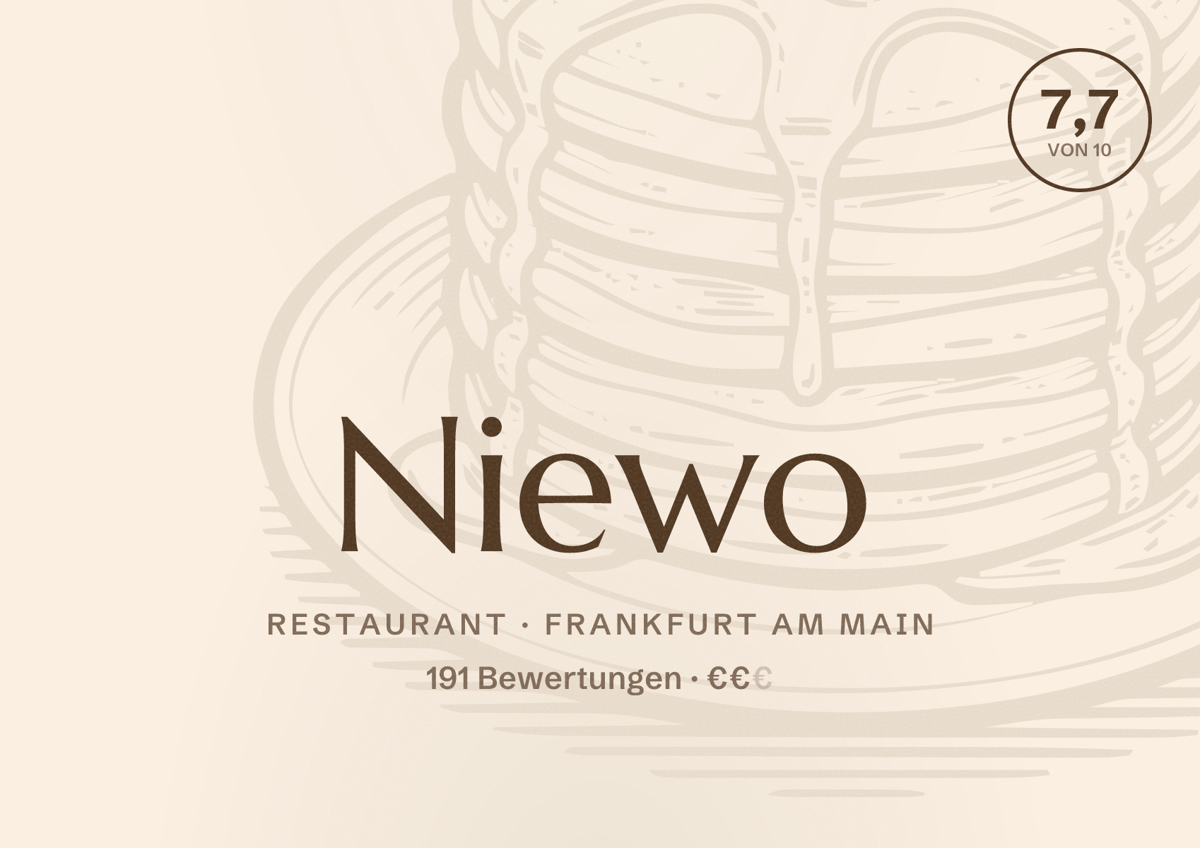 Illustriertes Poster von Niewo, Restaurant in Frankfurt am Main: Bewertung 7,7 von 10 aus 191 Bewertungen, Preisniveau €€