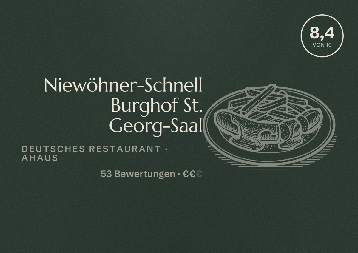 Illustriertes Poster von Niewöhner-Schnell Burghof St. Georg-Saal, Deutsches Restaurant in Ahaus: Bewertung 8,4 von 10 aus 53 Bewertungen, Preisniveau €€