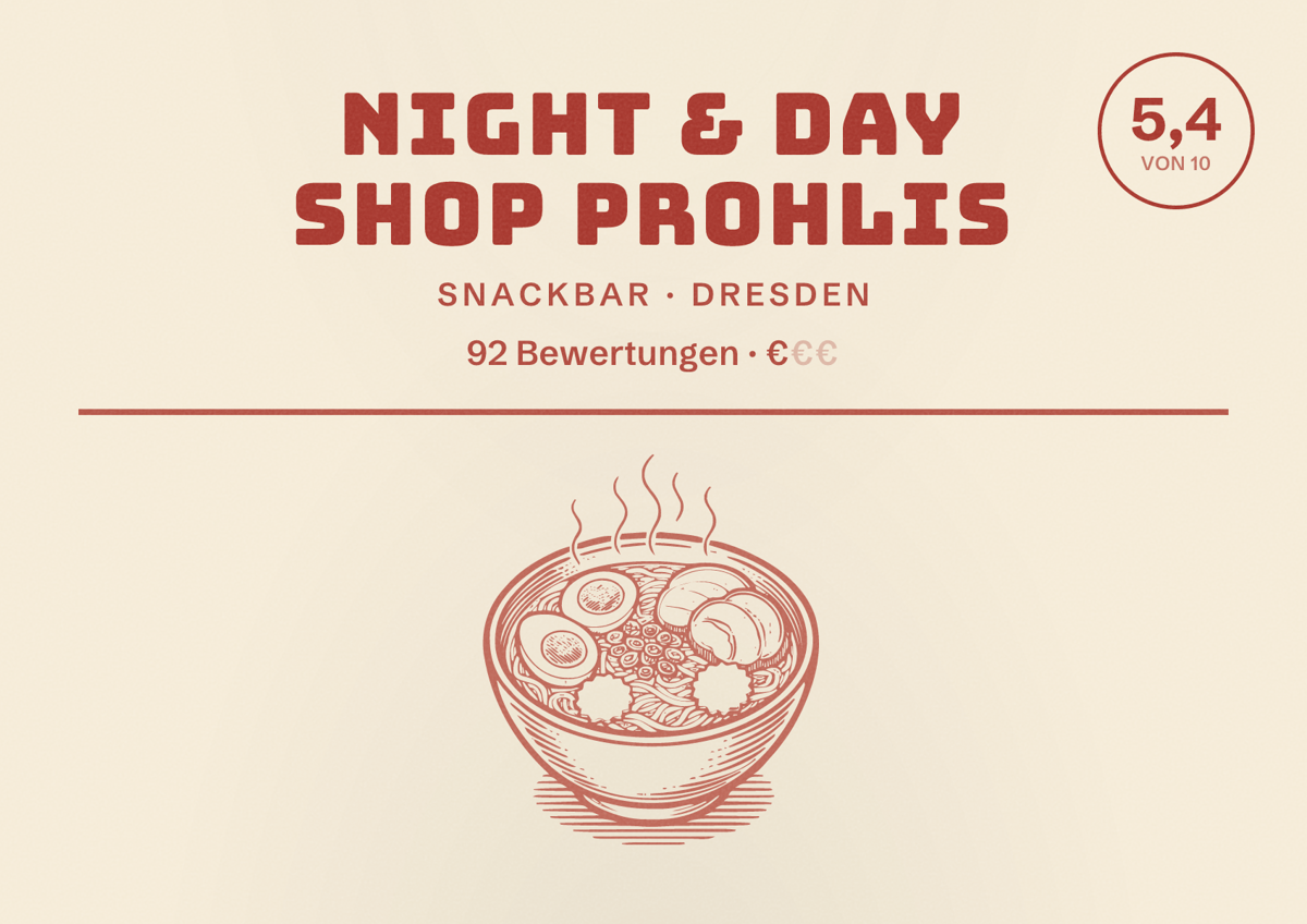 Illustriertes Poster von Night & Day Shop Prohlis, Snackbar in Dresden: Bewertung 5,4 von 10 aus 92 Bewertungen, Preisniveau €