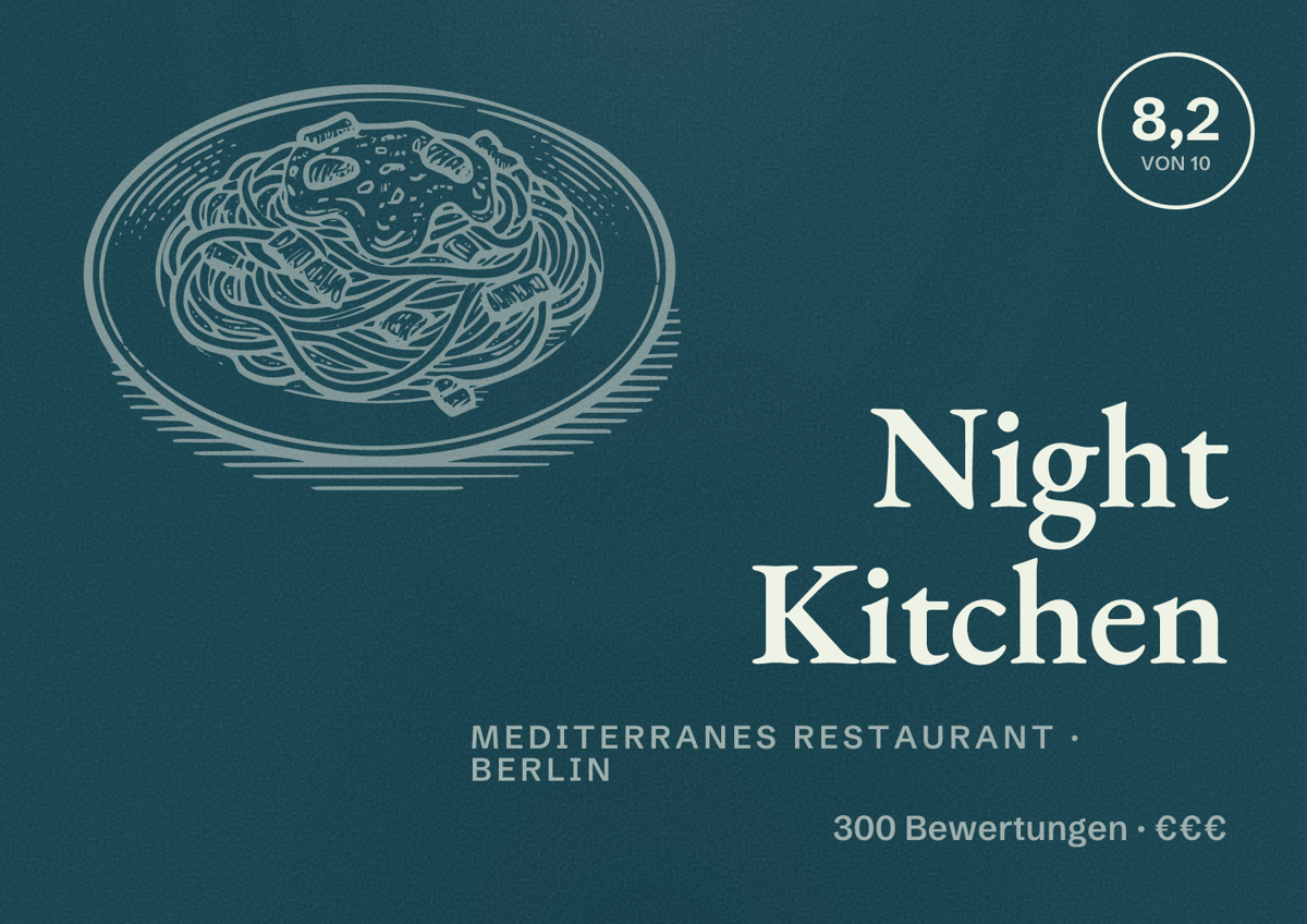 Illustriertes Poster von Night Kitchen, Mediterranes Restaurant in Berlin: Bewertung 8,2 von 10 aus 300 Bewertungen, Preisniveau €€€