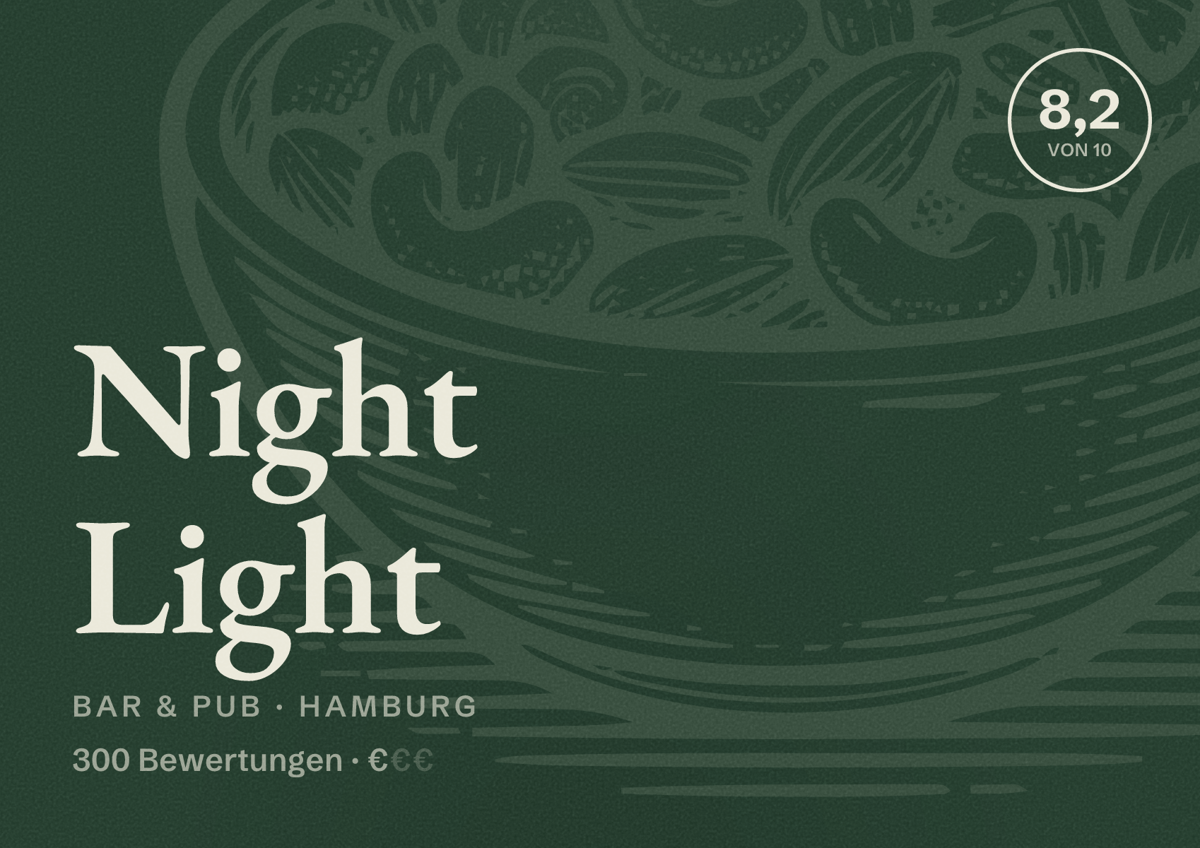 Illustriertes Poster von Night Light, Bar & Pub in Hamburg: Bewertung 8,2 von 10 aus 300 Bewertungen, Preisniveau €