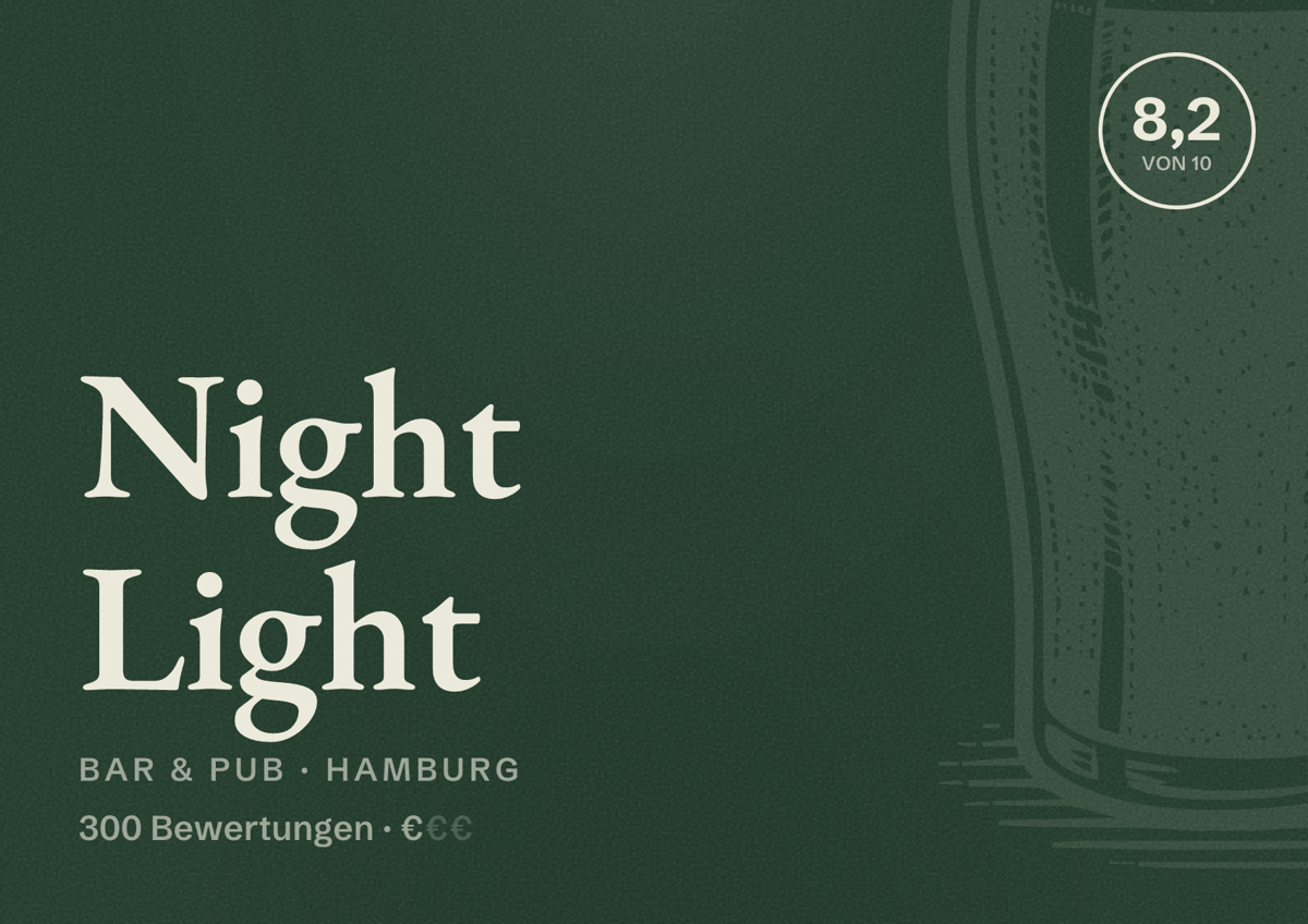 Illustriertes Poster von Night Light, Bar & Pub in Hamburg: Bewertung 8,2 von 10 aus 300 Bewertungen, Preisniveau €