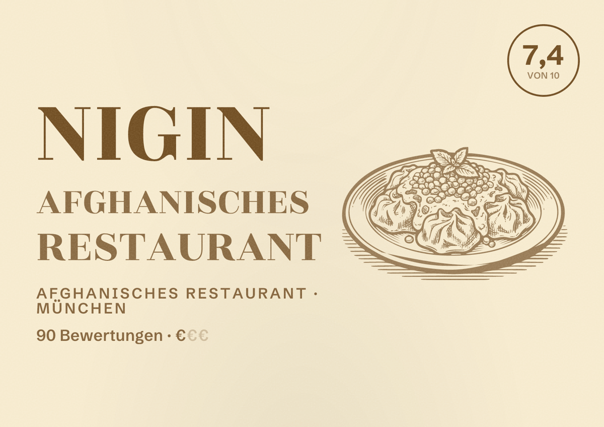 Illustriertes Poster von NIGIN Afghanisches Restaurant, Afghanisches Restaurant in München: Bewertung 7,4 von 10 aus 90 Bewertungen, Preisniveau €