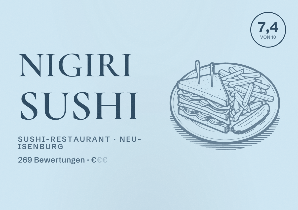 Illustriertes Poster von Nigiri Sushi, Sushi-Restaurant in Neu-Isenburg: Bewertung 7,4 von 10 aus 269 Bewertungen, Preisniveau €