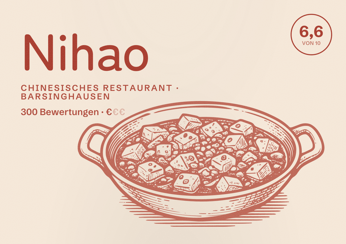 Illustriertes Poster von Nihao, Chinesisches Restaurant in Barsinghausen: Bewertung 6,6 von 10 aus 300 Bewertungen, Preisniveau €