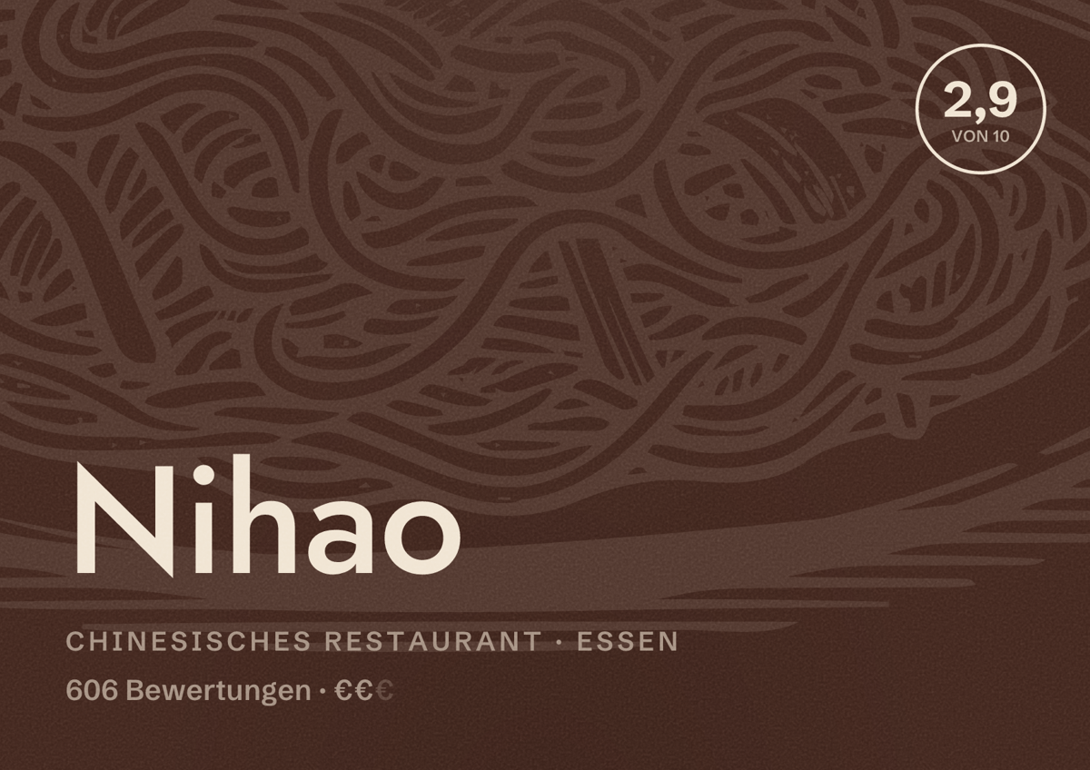 Illustriertes Poster von Nihao, Chinesisches Restaurant in Essen: Bewertung 2,9 von 10 aus 606 Bewertungen, Preisniveau €€