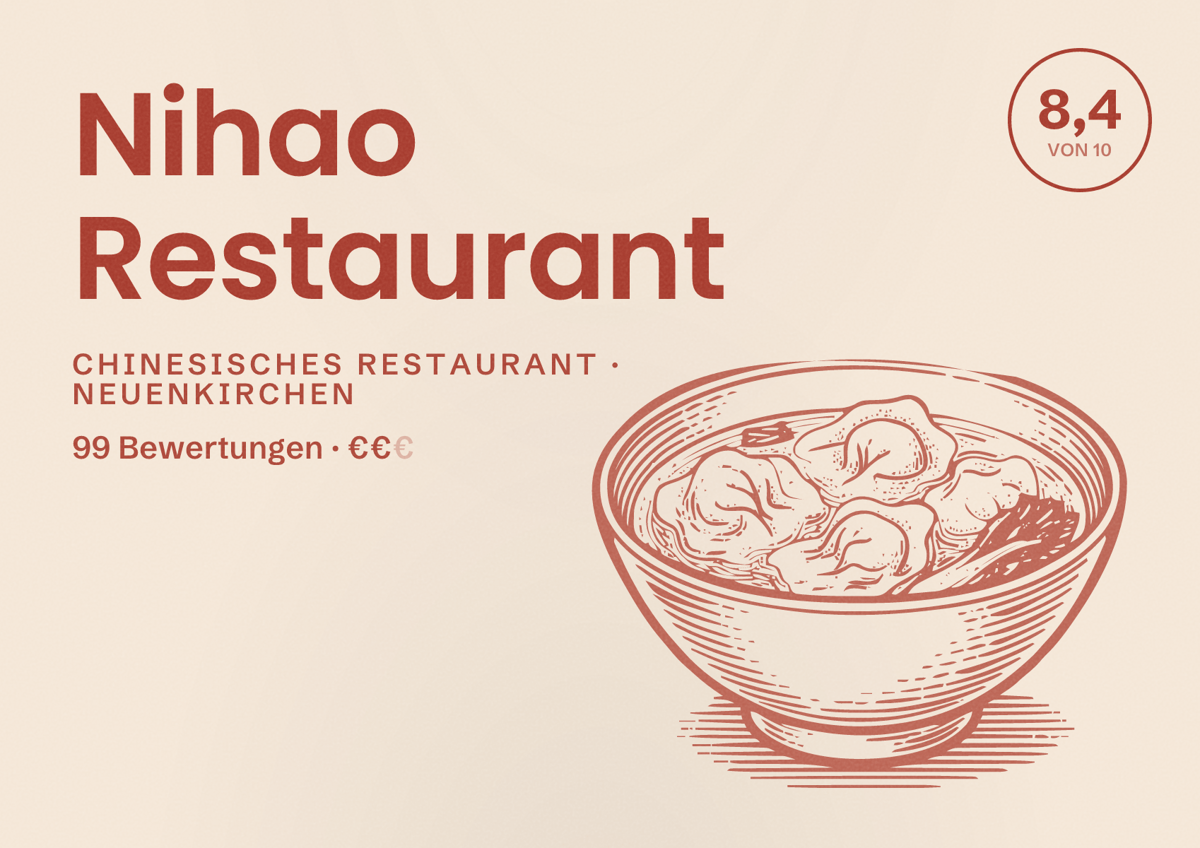Illustriertes Poster von Nihao Restaurant, Chinesisches Restaurant in Neuenkirchen: Bewertung 8,4 von 10 aus 99 Bewertungen, Preisniveau €€
