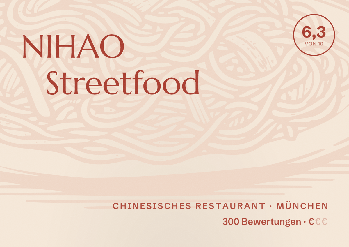 Illustriertes Poster von NIHAO Streetfood, Chinesisches Restaurant in München: Bewertung 6,3 von 10 aus 300 Bewertungen, Preisniveau €