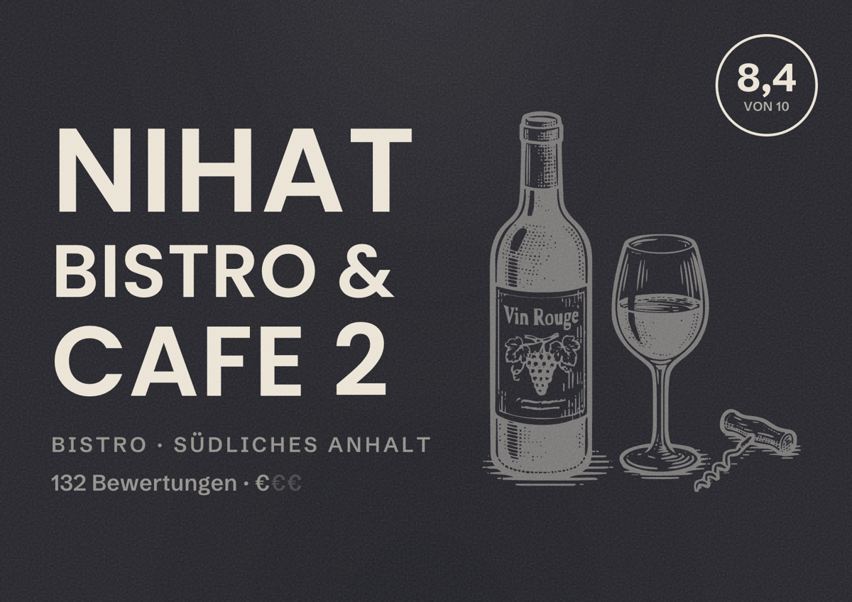 Illustriertes Poster von Nihat Bistro & Cafe 2, Bistro in Südliches Anhalt: Bewertung 8,4 von 10 aus 132 Bewertungen, Preisniveau €