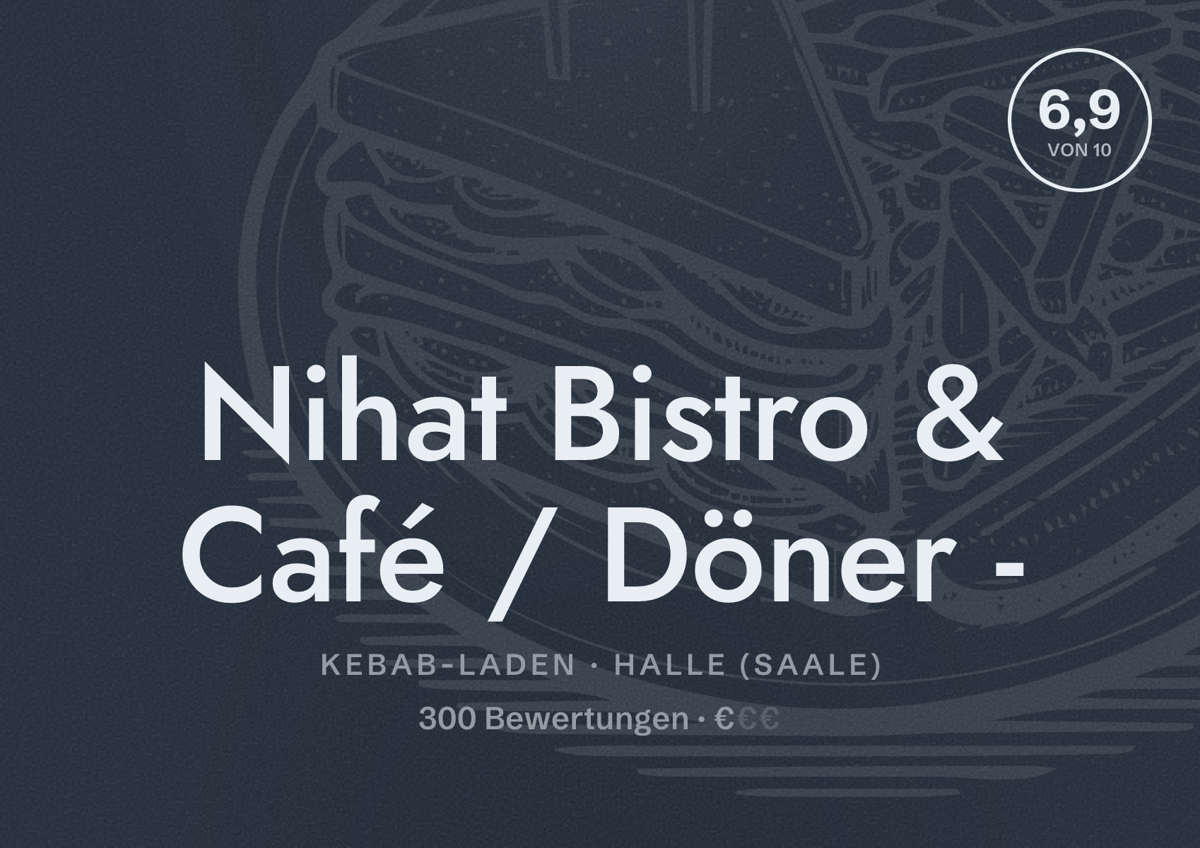 Illustriertes Poster von Nihat Bistro & Café / Döner -, Kebab-Laden in Halle (Saale): Bewertung 6,9 von 10 aus 300 Bewertungen, Preisniveau €