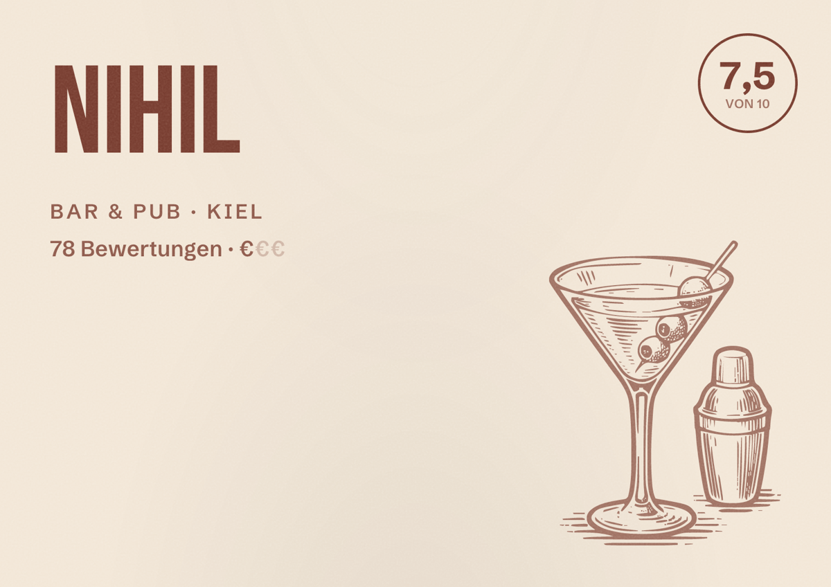 Illustriertes Poster von Nihil, Bar & Pub in Kiel: Bewertung 7,5 von 10 aus 78 Bewertungen, Preisniveau €