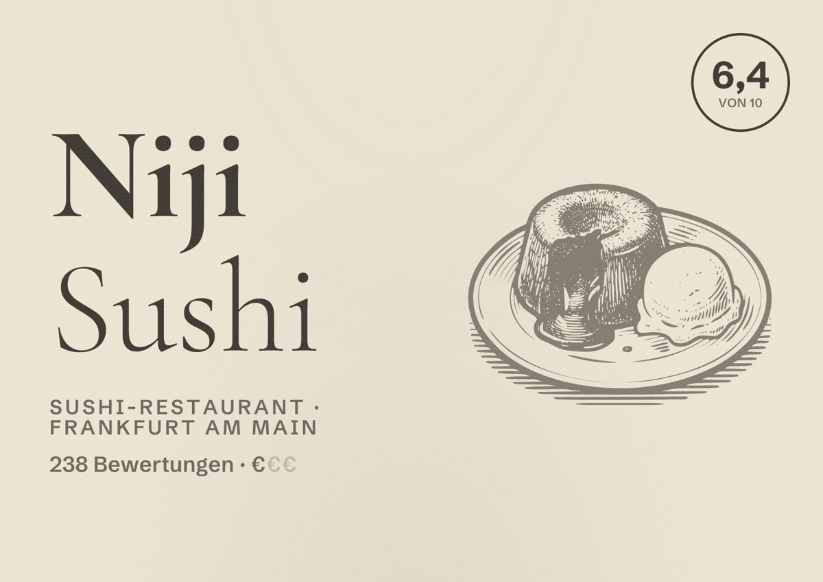 Illustriertes Poster von Niji Sushi, Sushi-Restaurant in Frankfurt am Main: Bewertung 6,4 von 10 aus 238 Bewertungen, Preisniveau €