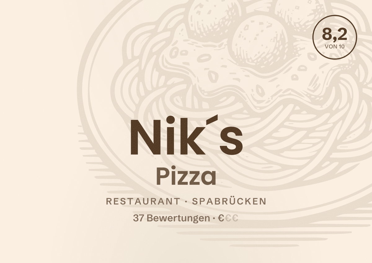 Illustriertes Poster von Nik´s Pizza, Restaurant in Spabrücken: Bewertung 8,2 von 10 aus 37 Bewertungen, Preisniveau €