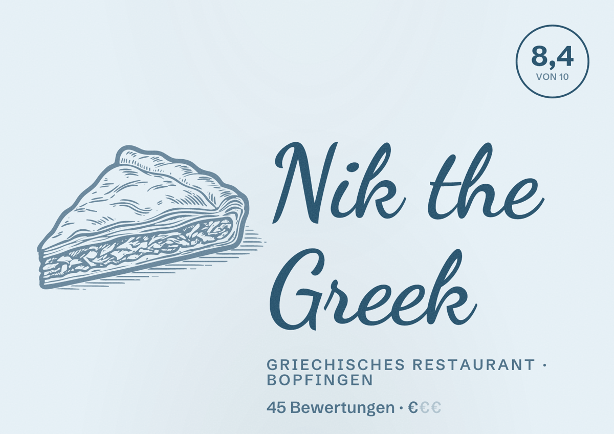 Illustriertes Poster von Nik the Greek, Griechisches Restaurant in Bopfingen: Bewertung 8,4 von 10 aus 45 Bewertungen, Preisniveau €