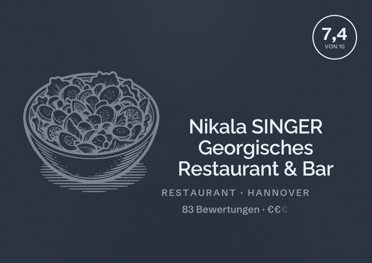 Illustriertes Poster von Nikala SINGER Georgisches Restaurant & Bar, Restaurant in Hannover: Bewertung 7,4 von 10 aus 83 Bewertungen, Preisniveau €€