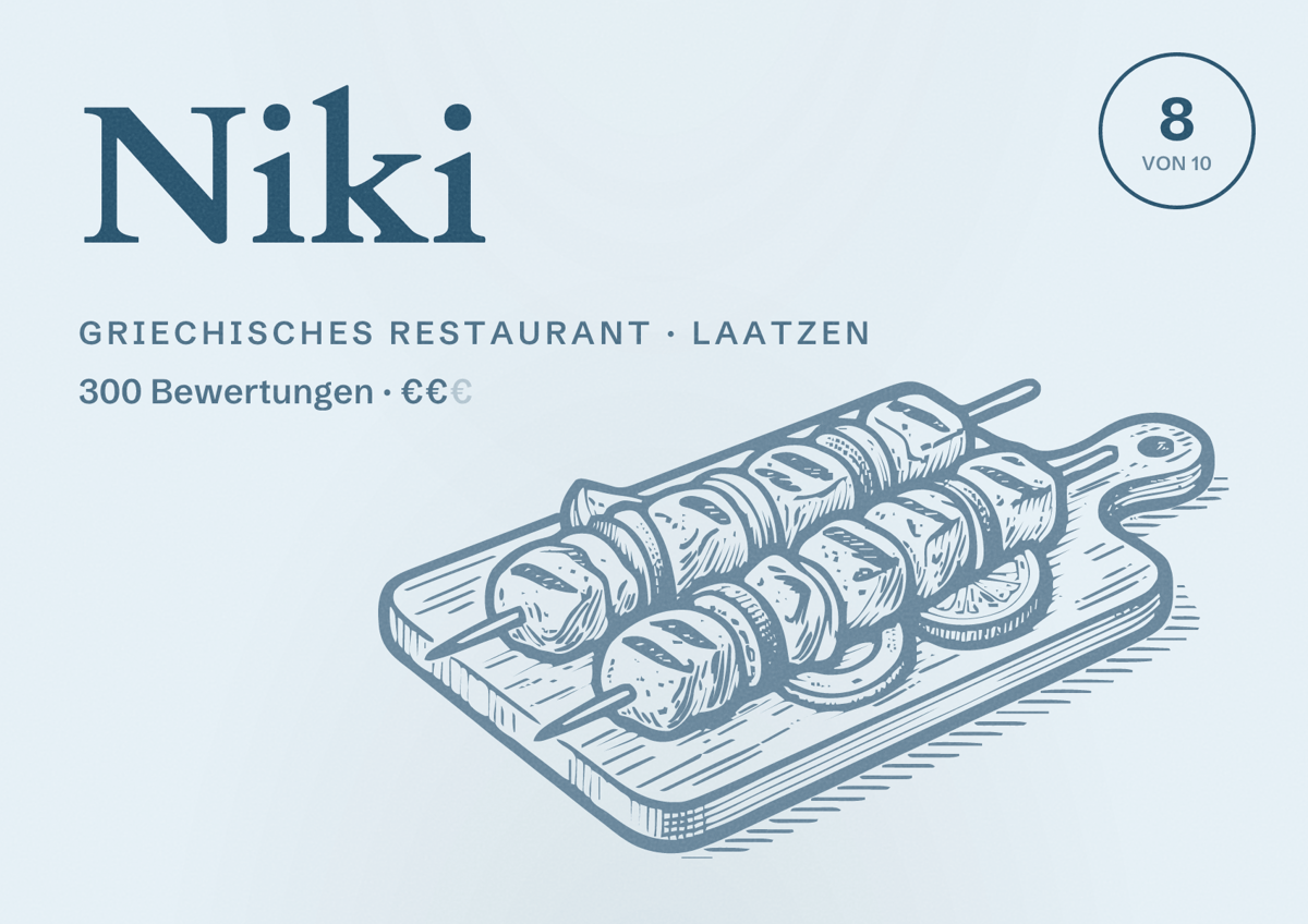 Illustriertes Poster von Niki, Griechisches Restaurant in Laatzen: Bewertung 8 von 10 aus 300 Bewertungen, Preisniveau €€