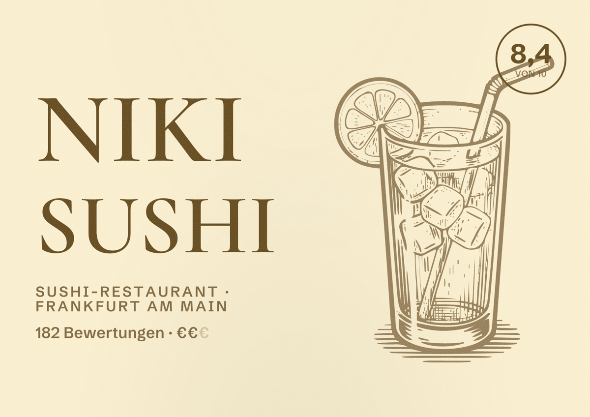 Illustriertes Poster von Niki Sushi, Sushi-Restaurant in Frankfurt am Main: Bewertung 8,4 von 10 aus 182 Bewertungen, Preisniveau €€
