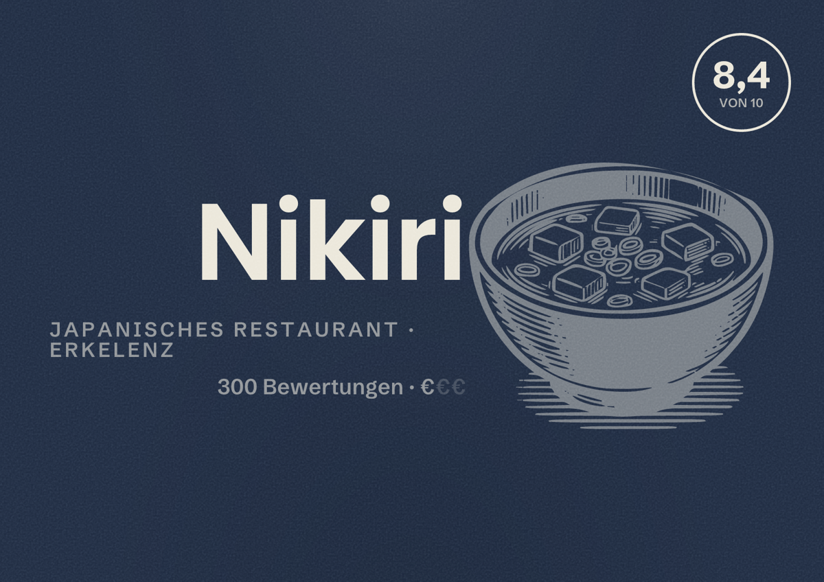 Illustriertes Poster von Nikiri, Japanisches Restaurant in Erkelenz: Bewertung 8,4 von 10 aus 300 Bewertungen, Preisniveau €