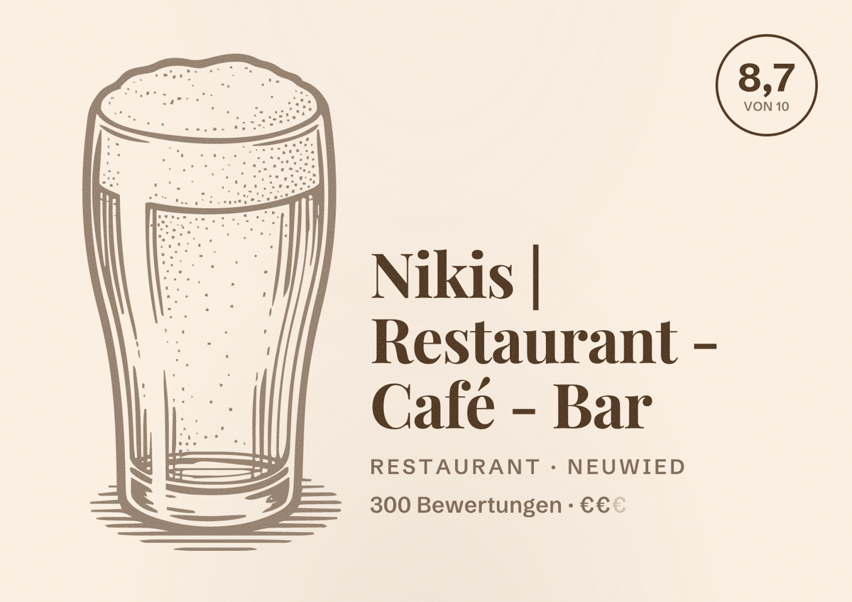 Illustriertes Poster von Nikis | Restaurant - Café - Bar, Restaurant in Neuwied: Bewertung 8,7 von 10 aus 300 Bewertungen, Preisniveau €€