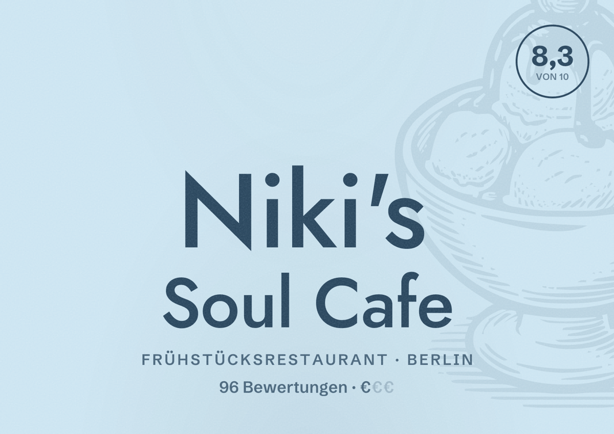 Illustriertes Poster von Niki's Soul Cafe, Frühstücksrestaurant in Berlin: Bewertung 8,3 von 10 aus 96 Bewertungen, Preisniveau €