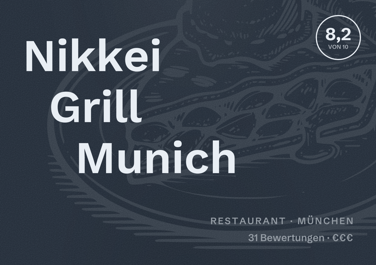 Illustriertes Poster von Nikkei Grill Munich, Restaurant in München: Bewertung 8,2 von 10 aus 31 Bewertungen, Preisniveau €€€