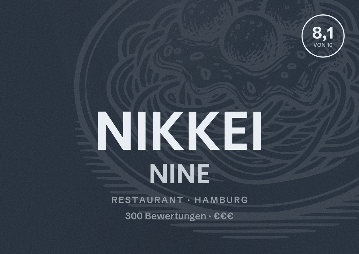 Illustriertes Poster von NIKKEI NINE, Restaurant in Hamburg: Bewertung 8,1 von 10 aus 300 Bewertungen, Preisniveau €€€