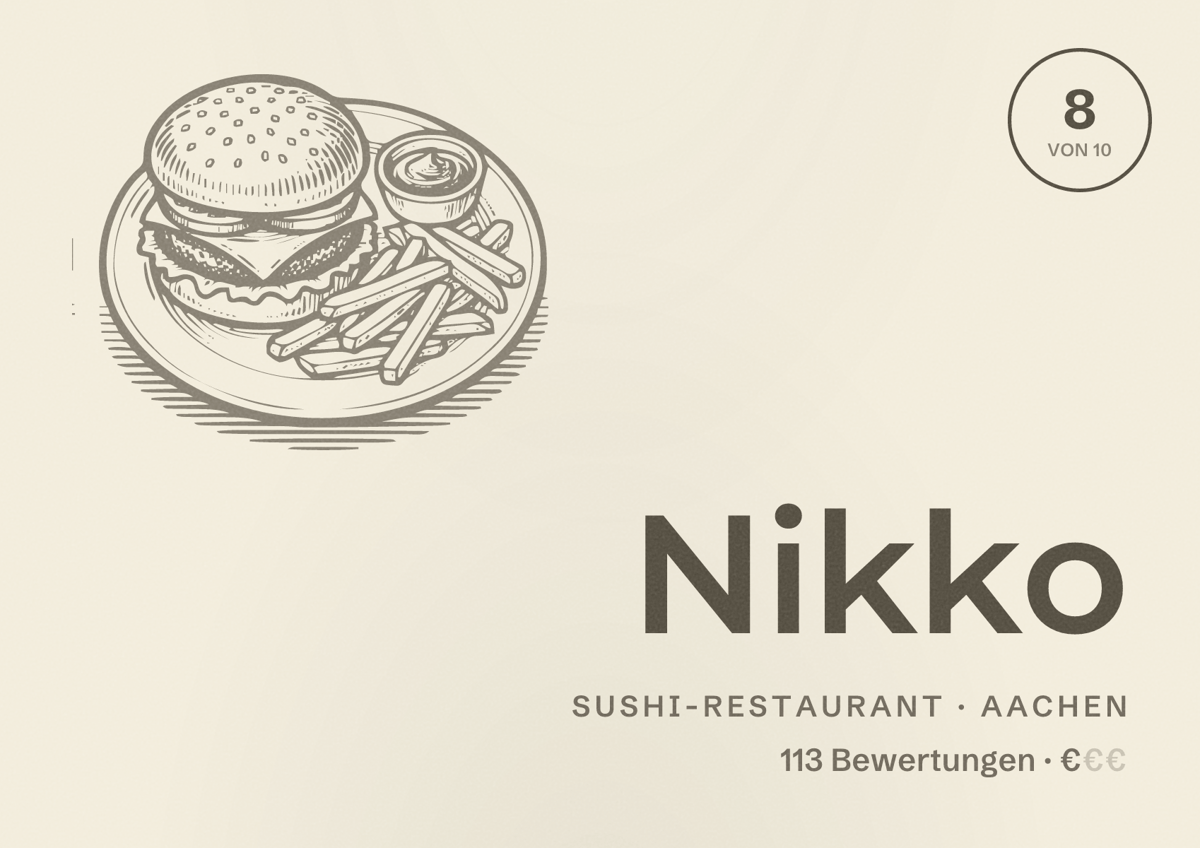 Illustriertes Poster von Nikko, Sushi-Restaurant in Aachen: Bewertung 8,0 von 10 aus 113 Bewertungen, Preisniveau €
