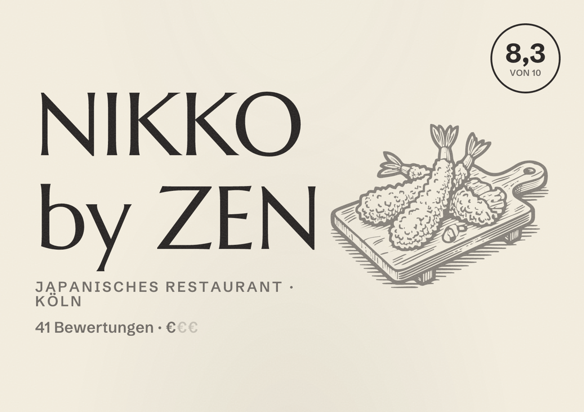 Illustriertes Poster von NIKKO by ZEN, Japanisches Restaurant in Köln: Bewertung 8,3 von 10 aus 41 Bewertungen, Preisniveau €
