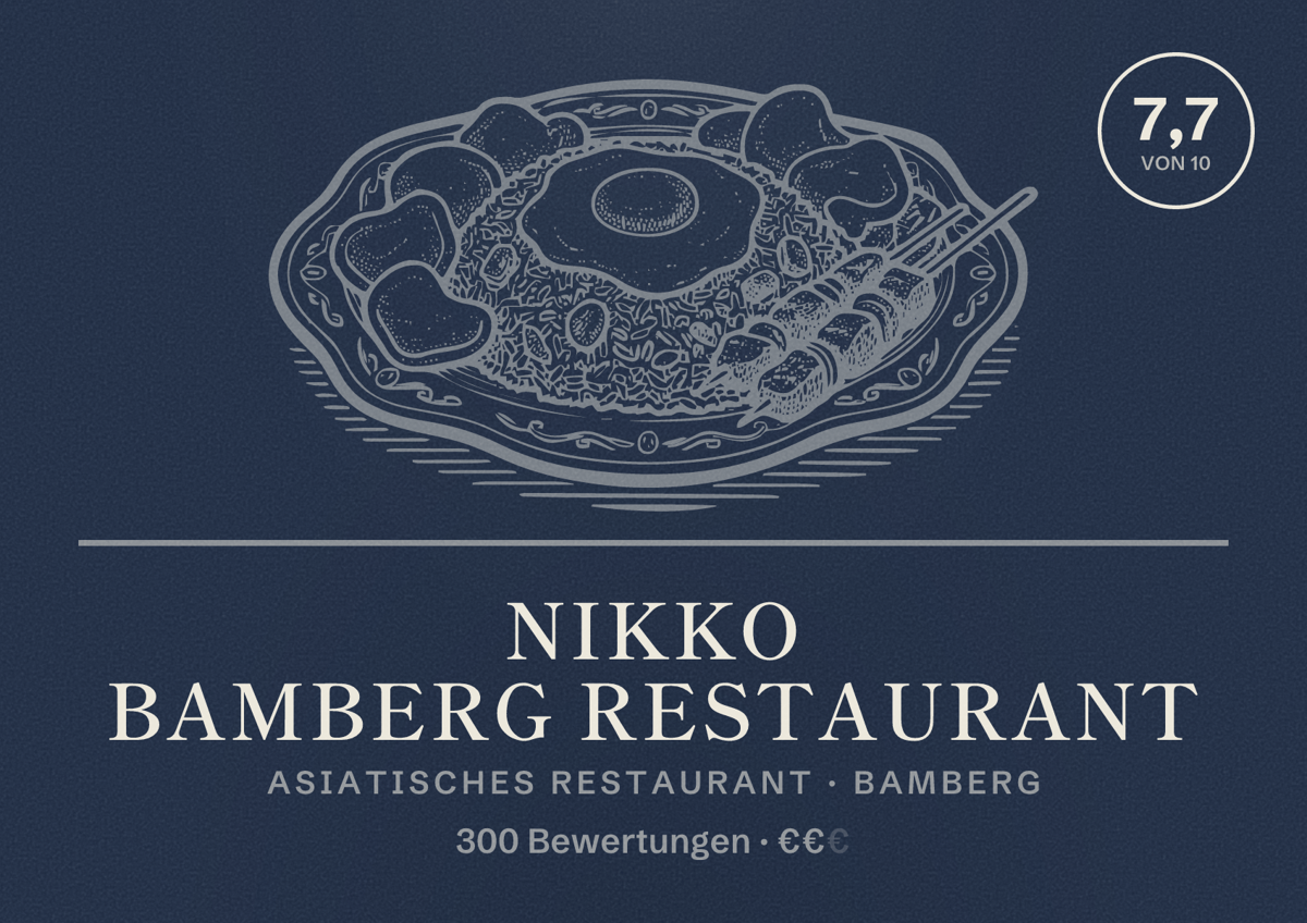 Illustriertes Poster von Nikko Bamberg Restaurant, Asiatisches Restaurant in Bamberg: Bewertung 7,7 von 10 aus 300 Bewertungen, Preisniveau €€