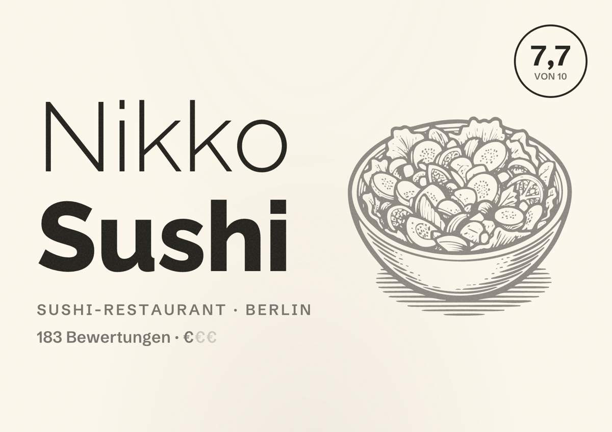 Illustriertes Poster von Nikko Sushi, Sushi-Restaurant in Berlin: Bewertung 7,7 von 10 aus 183 Bewertungen, Preisniveau €