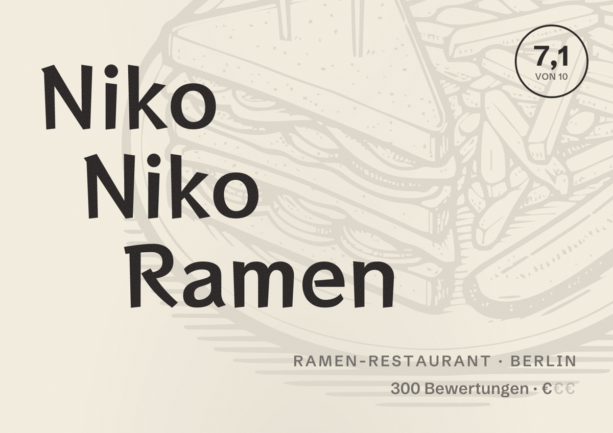 Illustriertes Poster von Niko Niko Ramen, Ramen-Restaurant in Berlin: Bewertung 7,1 von 10 aus 300 Bewertungen, Preisniveau €