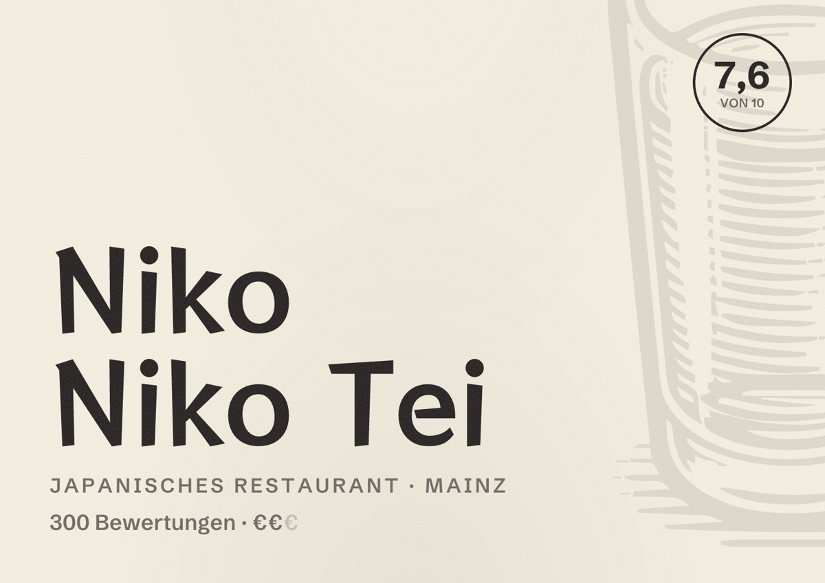 Illustriertes Poster von Niko Niko Tei, Japanisches Restaurant in Mainz: Bewertung 7,6 von 10 aus 300 Bewertungen, Preisniveau €€