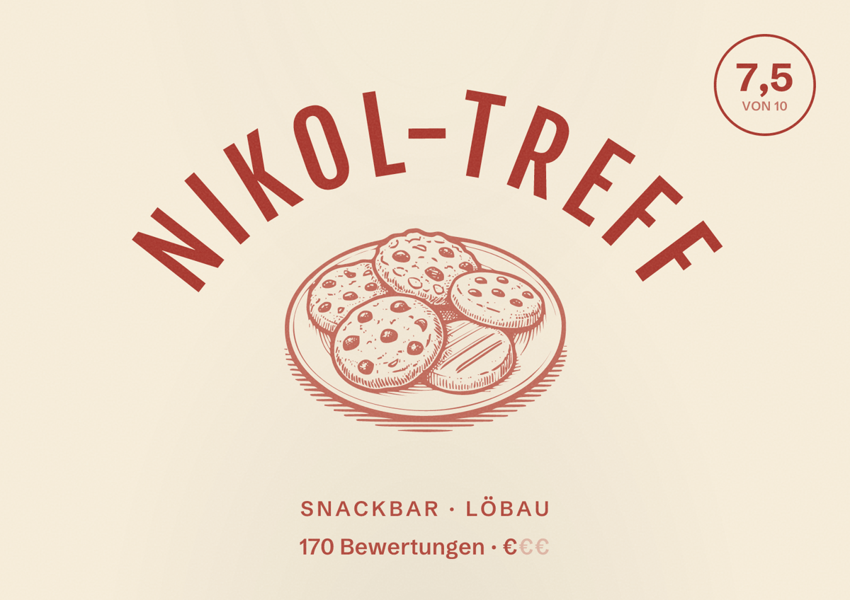 Illustriertes Poster von Nikol-Treff, Snackbar in Löbau: Bewertung 7,5 von 10 aus 170 Bewertungen, Preisniveau €