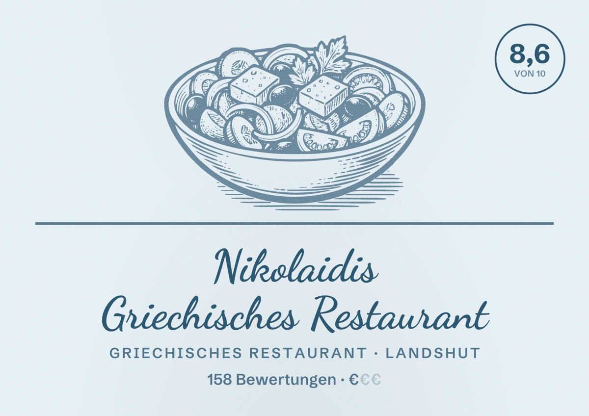 Illustriertes Poster von Nikolaidis Griechisches Restaurant, Griechisches Restaurant in Landshut: Bewertung 8,6 von 10 aus 158 Bewertungen, Preisniveau €