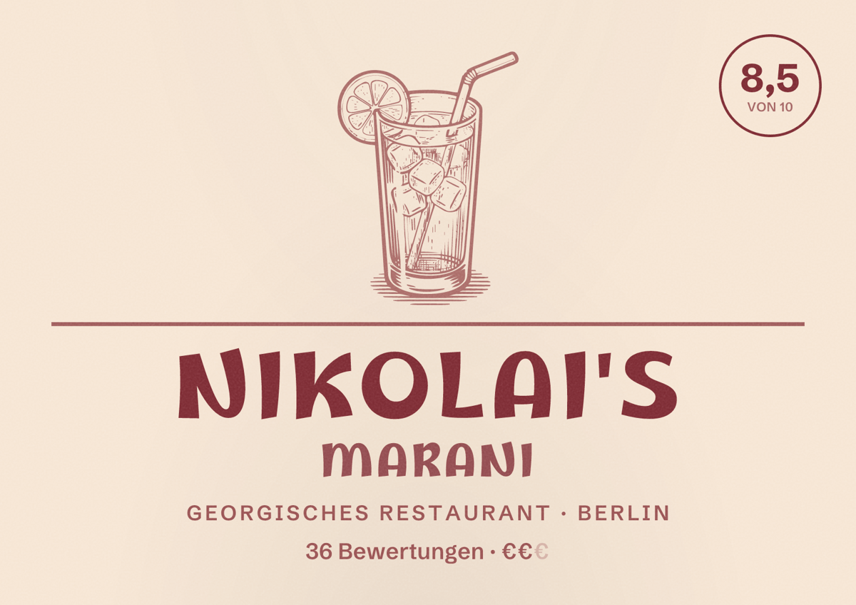 Illustriertes Poster von Nikolai's Marani, Georgisches Restaurant in Berlin: Bewertung 8,5 von 10 aus 36 Bewertungen, Preisniveau €€