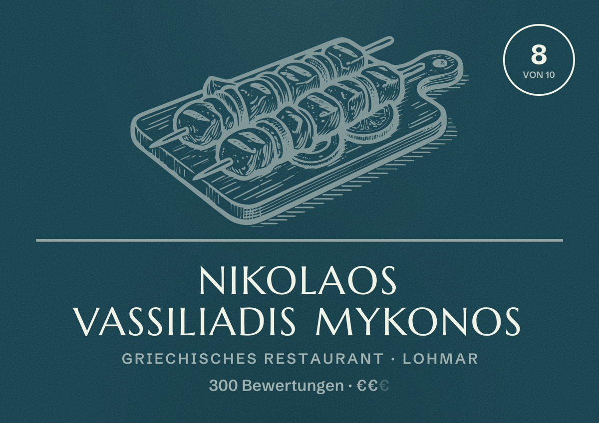 Illustriertes Poster von Nikolaos Vassiliadis Mykonos, Griechisches Restaurant in Lohmar: Bewertung 8 von 10 aus 300 Bewertungen, Preisniveau €€