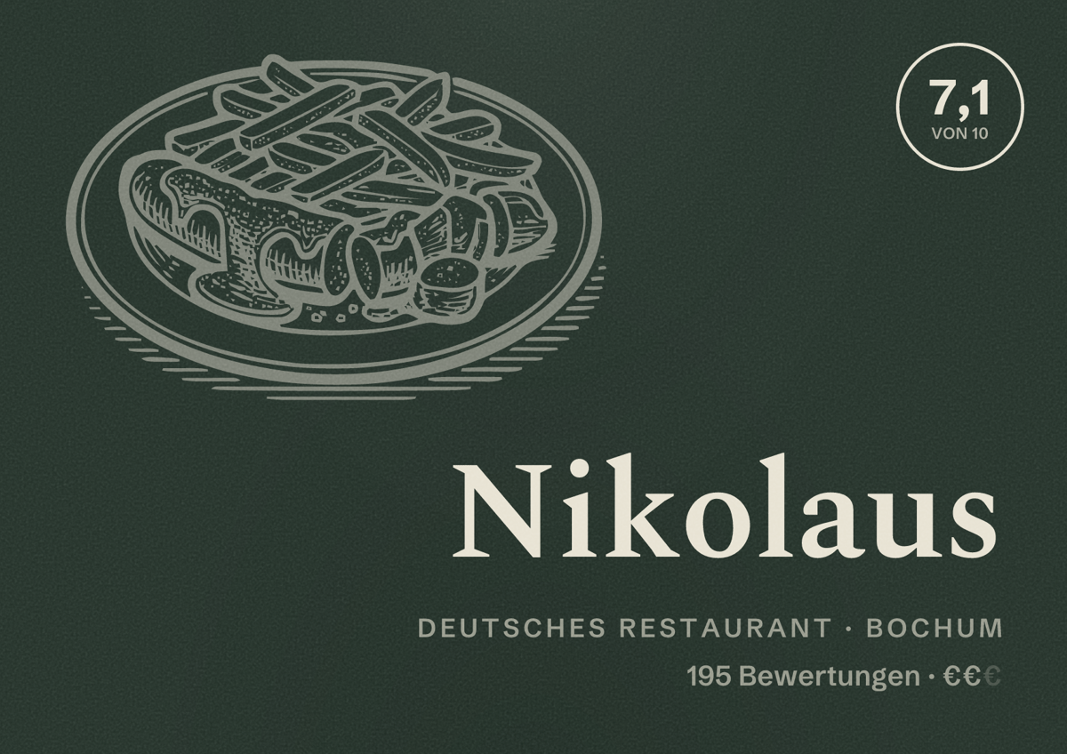 Illustriertes Poster von Nikolaus, Deutsches Restaurant in Bochum: Bewertung 7,1 von 10 aus 195 Bewertungen, Preisniveau €€