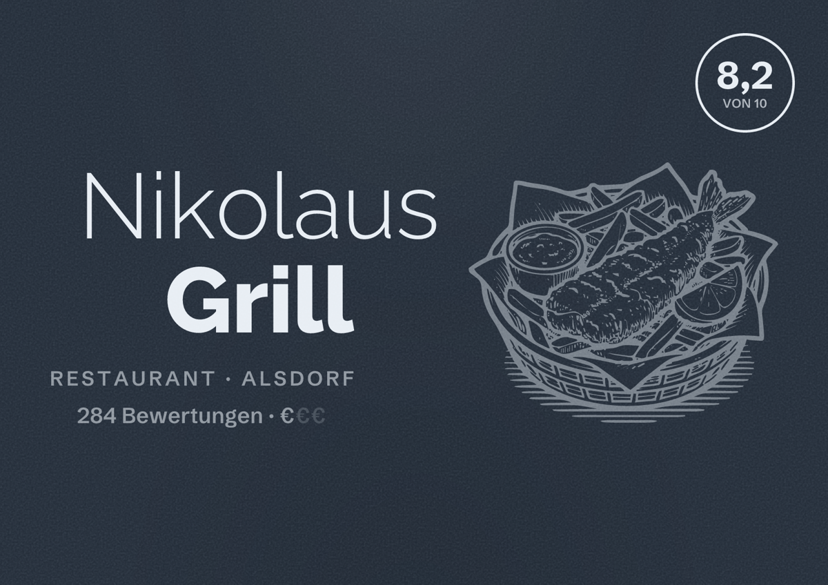 Illustriertes Poster von Nikolaus Grill, Restaurant in Alsdorf: Bewertung 8,2 von 10 aus 284 Bewertungen, Preisniveau €