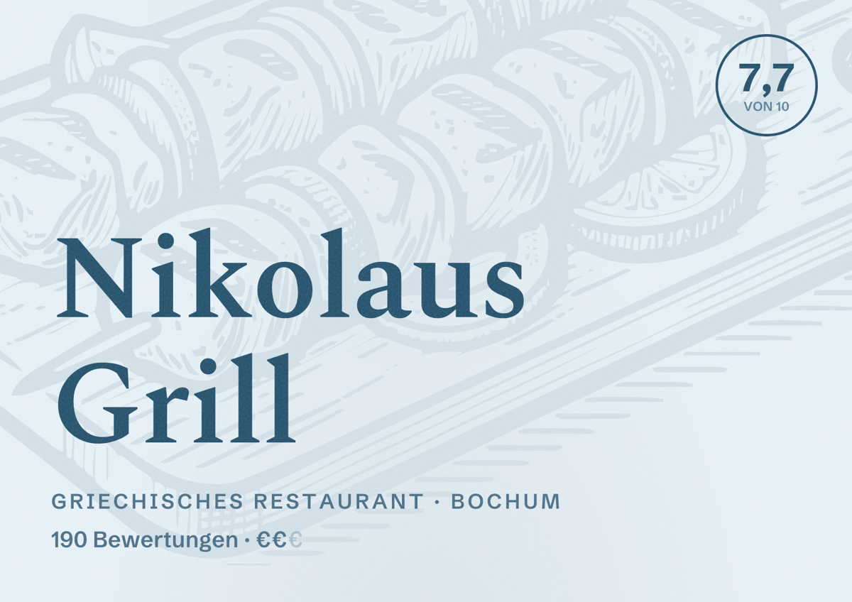 Illustriertes Poster von Nikolaus Grill, Griechisches Restaurant in Bochum: Bewertung 7,7 von 10 aus 190 Bewertungen, Preisniveau €€