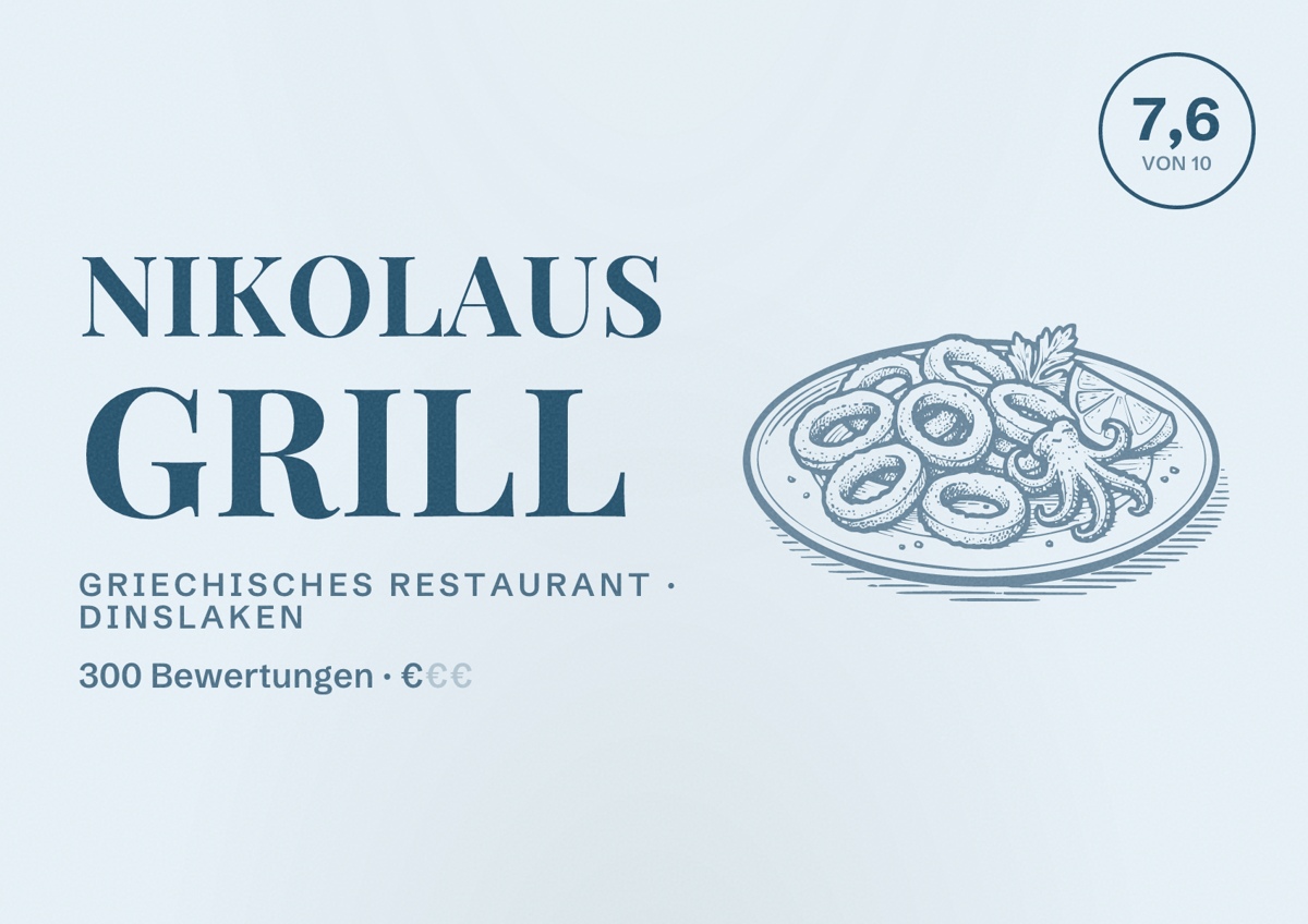 Illustriertes Poster von Nikolaus Grill, Griechisches Restaurant in Dinslaken: Bewertung 7,6 von 10 aus 300 Bewertungen, Preisniveau €