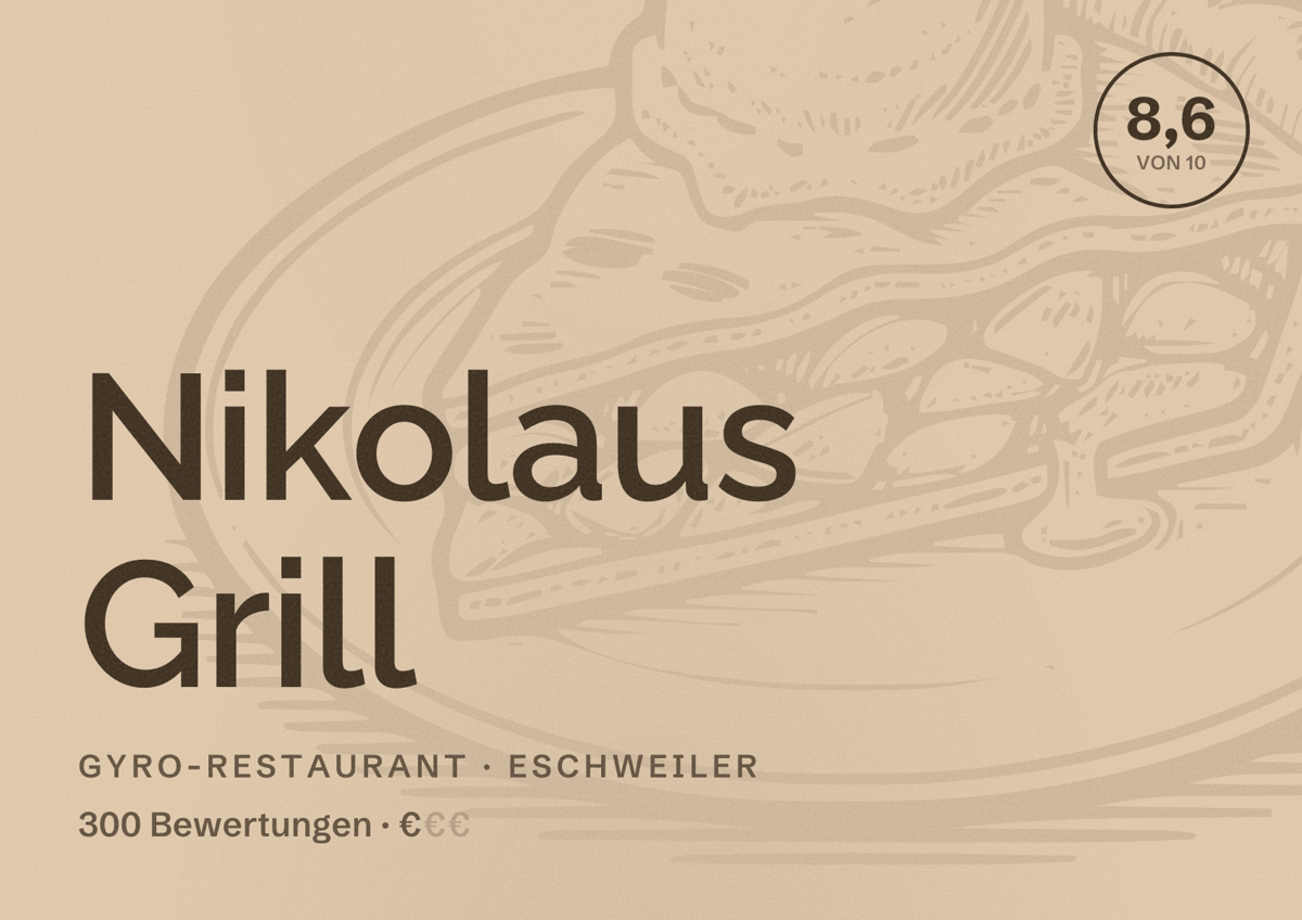 Illustriertes Poster von Nikolaus Grill, Gyro-Restaurant in Eschweiler: Bewertung 8,6 von 10 aus 300 Bewertungen, Preisniveau €
