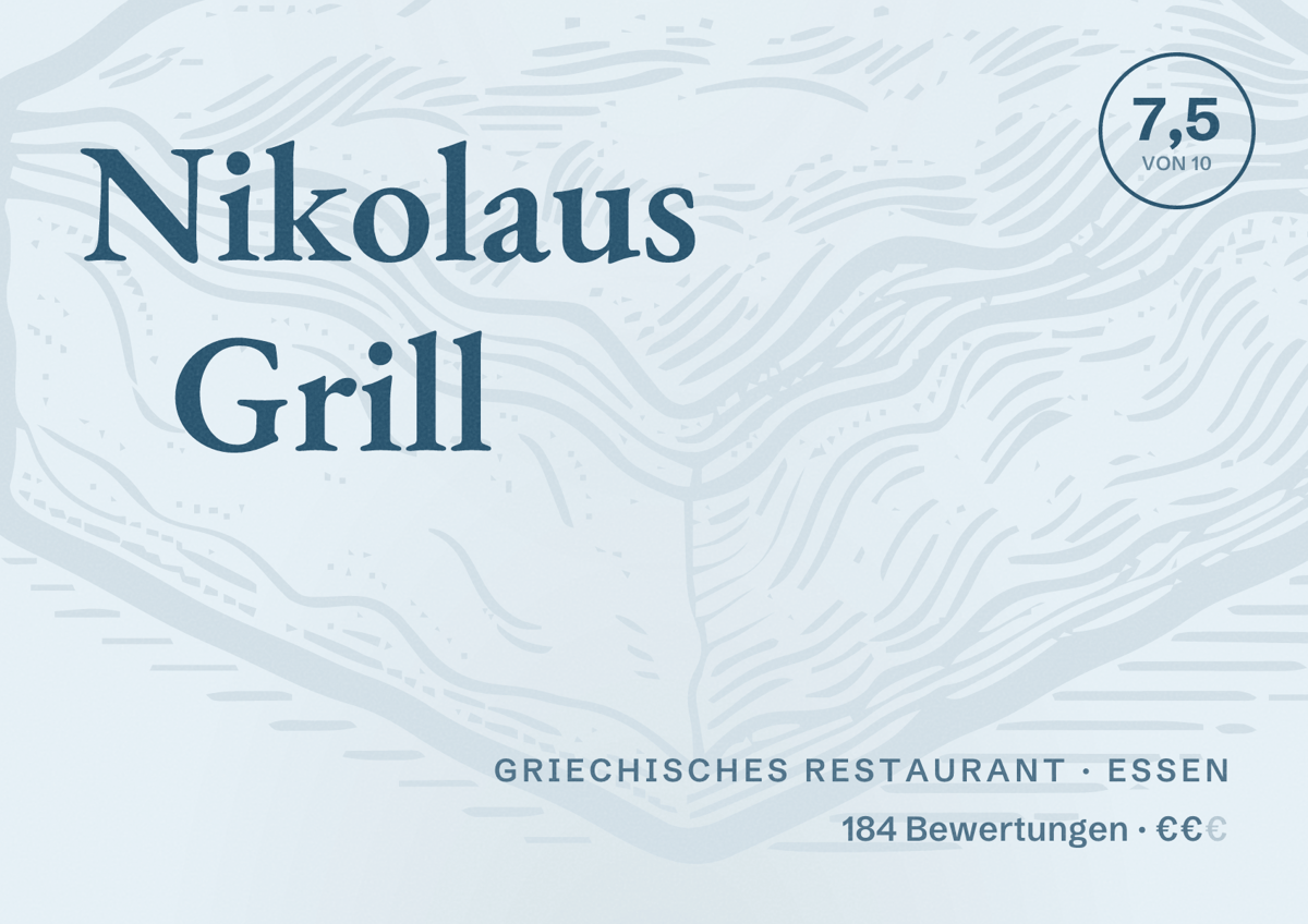 Illustriertes Poster von Nikolaus Grill, Griechisches Restaurant in Essen: Bewertung 7,5 von 10 aus 184 Bewertungen, Preisniveau €€